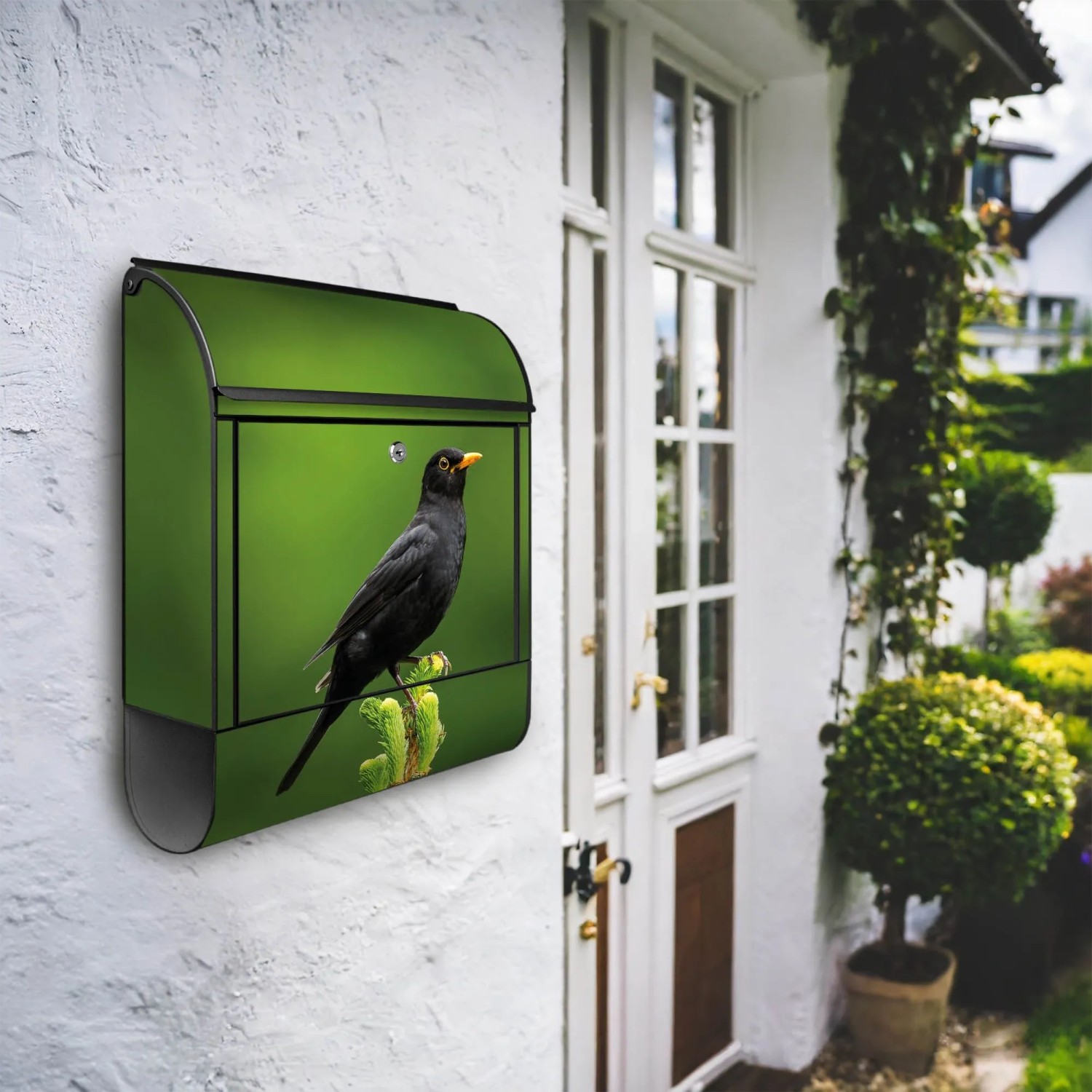 Banjado Design Briefkasten Schwarz Pulverbeschichtet 39x47x14cm 2 Schlüssel Mit Zeitungsfach Motiv Vogel Auf Tannenzweig_2