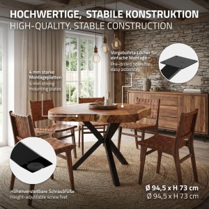 Schwarze Metall Tischbeine im Spider-Design (X-Form) für Esstische, Ø94,5x73cm. Robustes Stahl Tischgestell mit 4mm Montageplatten & verstellbaren Füßen.