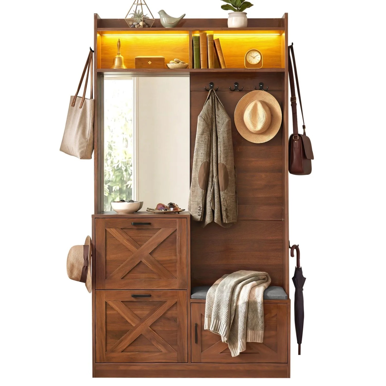 Moderner Garderobenschrank Nussbaum Optik mit Spiegel, Schuhschrank (X-Muster), Sitzbank, Haken & LED-Beleuchtung.