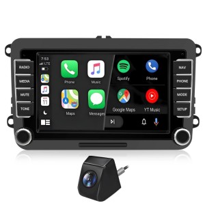 Schwarzes Junsun Autoradio mit 7-Zoll Touchscreen, Apple CarPlay, Android Auto und Rückfahrkamera für VW.