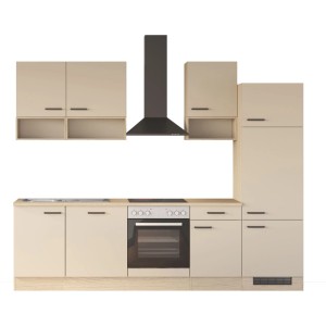 Flex-Well Küchenzeile Creso 280 cm: Cashmere matte Fronten, Provence Oak Arbeitsplatte, schwarze Griffe, Herd, Spüle, Dunstabzugshaube.