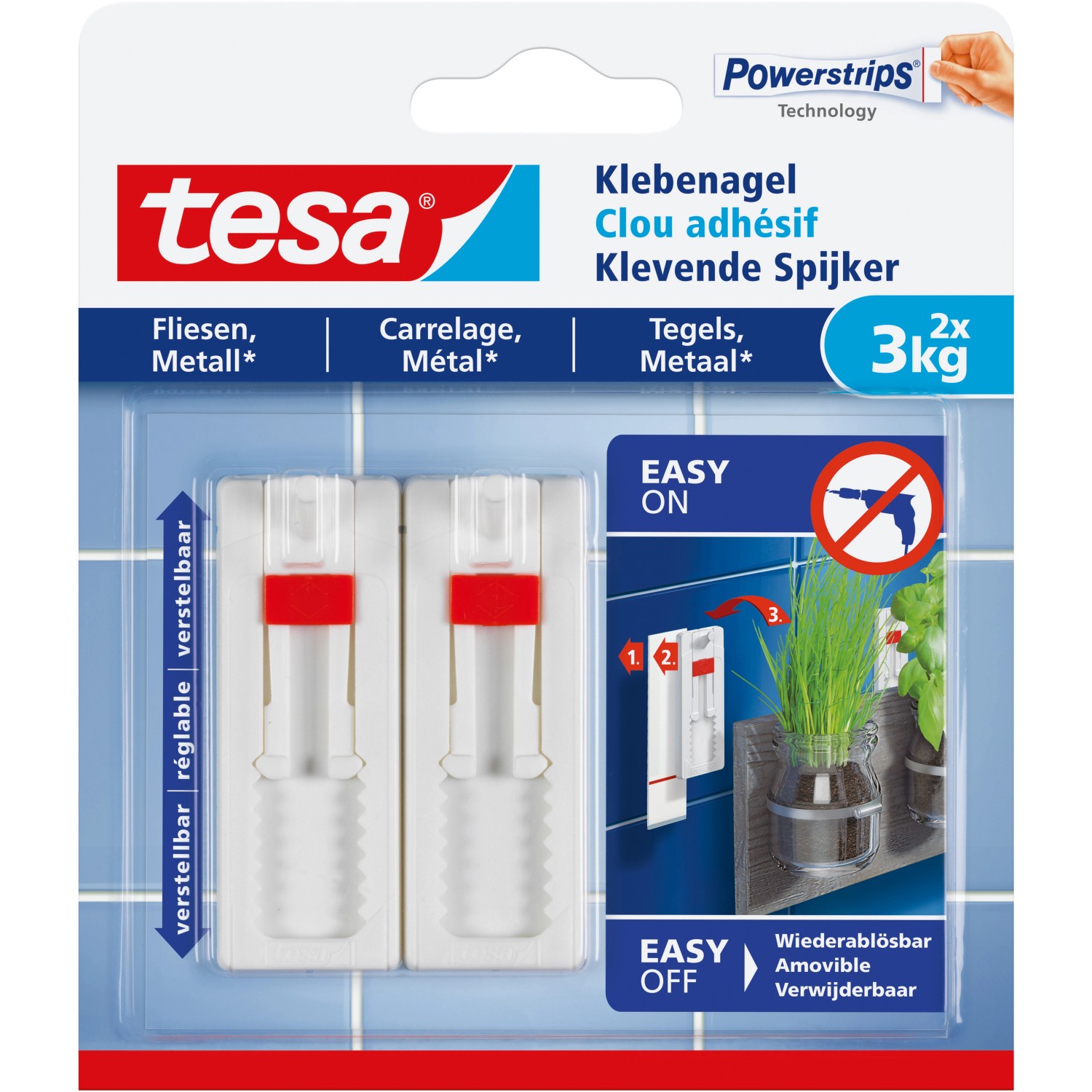 Tesa Klebenagel für Fliesen und Metall verstellbar (max. 3 kg)