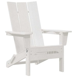 Weißer klappbarer vidaXL Adirondack-Stuhl aus HDPE. Robuster Gartenstuhl mit breiten Armlehnen und schräger Rückenlehne.