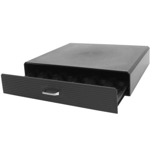 Schwarze MCW Monitorerhöhung mit ausgezogener Schublade und silbernem Griff für Büroorganisation.