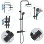 Schwarze AICA Thermostat Duscharmatur mit runder Regendusche und Handbrause, Details zur Verstellung hervorgehoben.