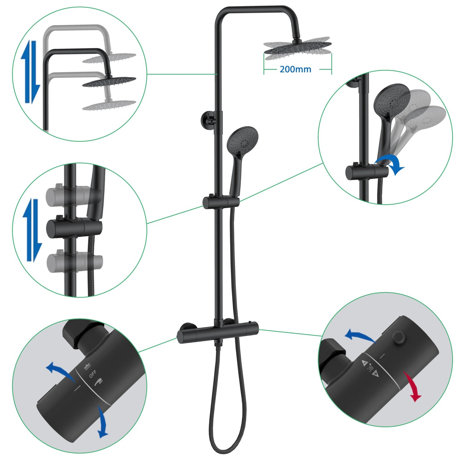 Schwarze AICA Thermostat Duscharmatur mit runder Regendusche und Handbrause, Details zur Verstellung hervorgehoben.