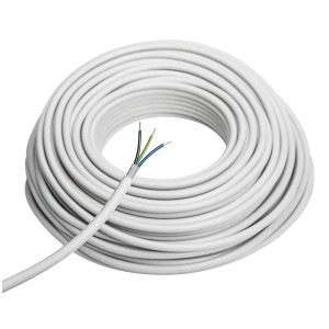 Graues Installationskabel NYM-J 3x1,5 mm² (50 m) für Feuchträume, mit geöffnetem Ende und farbigen Adern.
