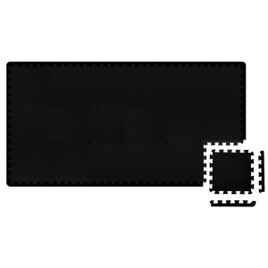 Schwarzes 54er Set eyepower Bodenschutzmatten 30x30 cm, als Werkstatt- oder Fitnessboden ausgelegt.