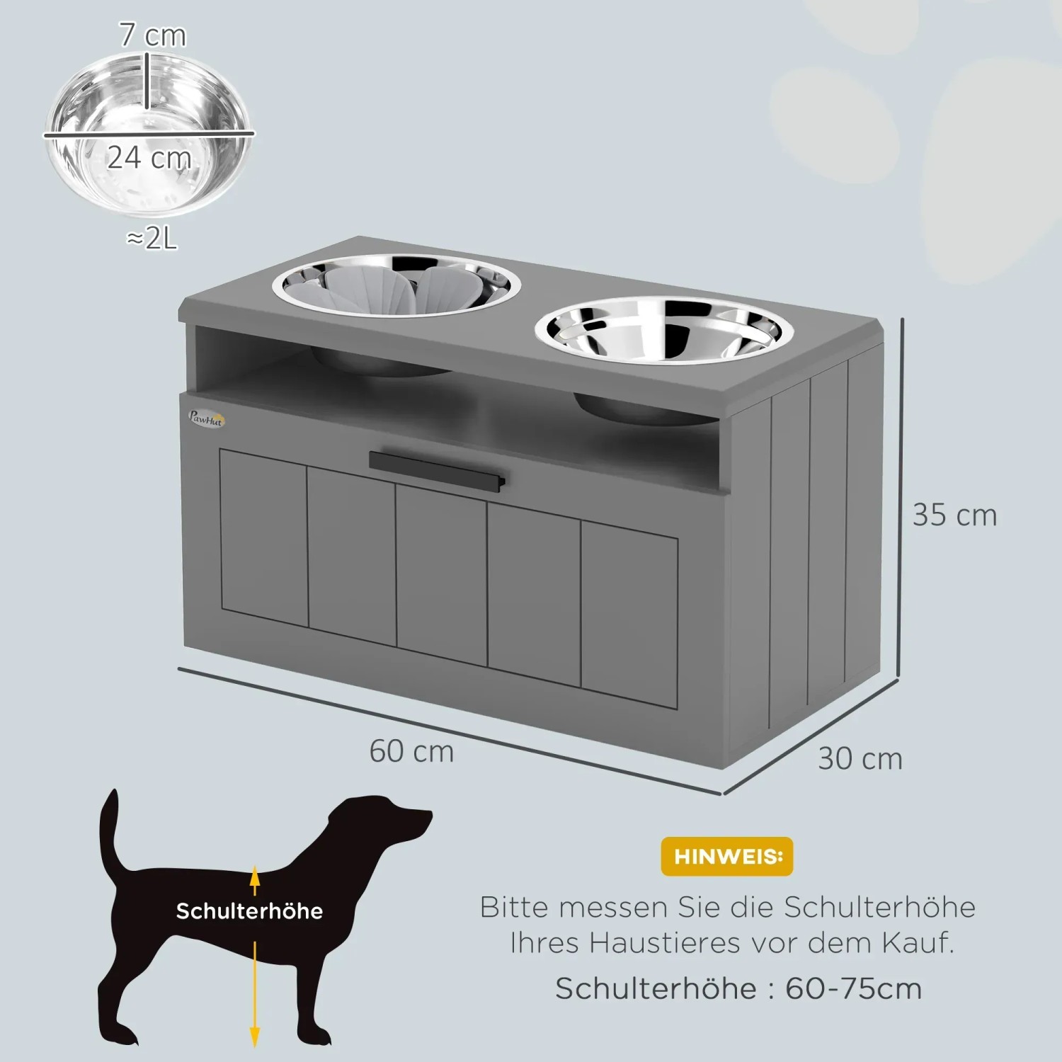 Graue PawHut Futterstation mit zwei Edelstahlnäpfen und Schublade für Hundefutter.
