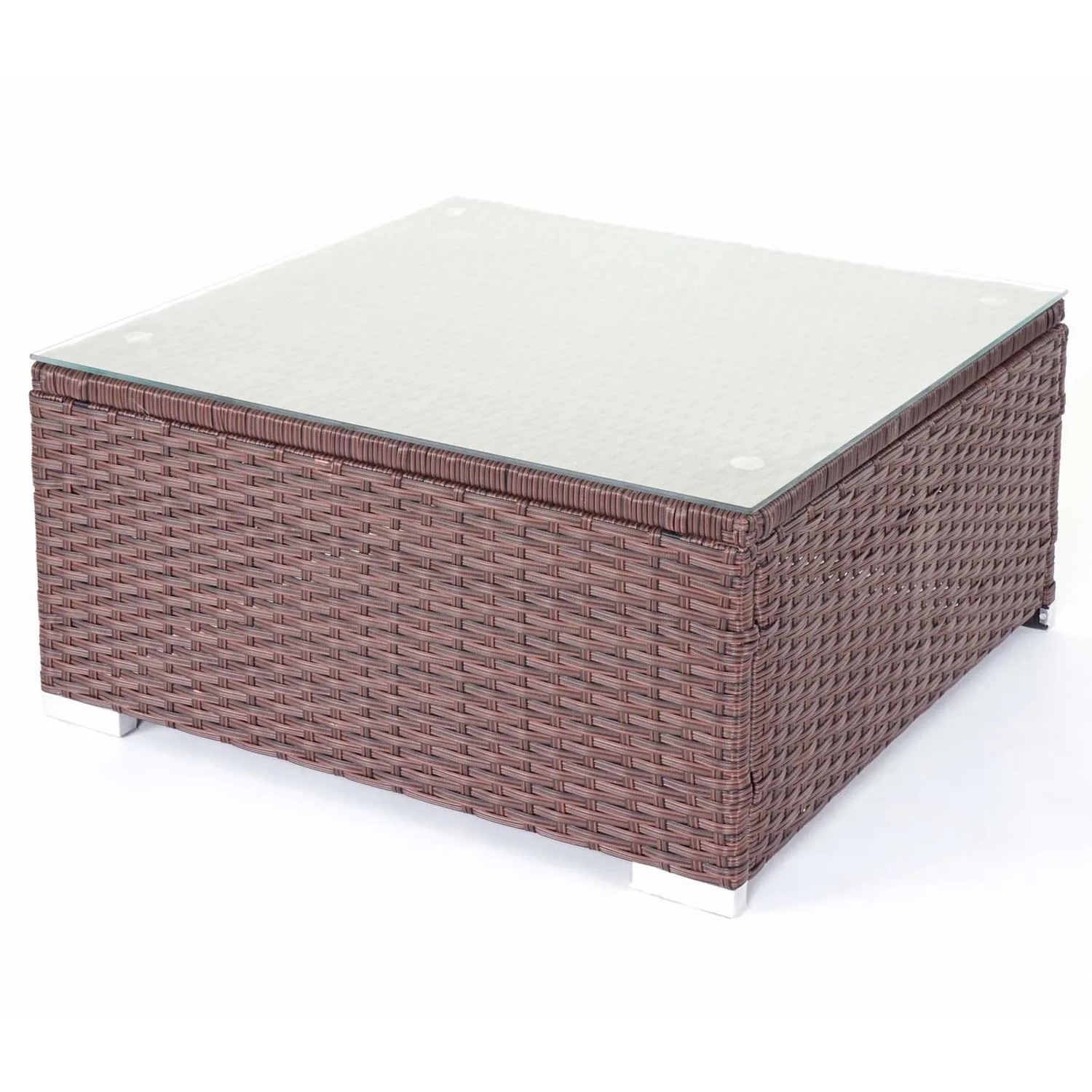 Quadratischer Poly-Rattan-Tisch mit Glasplatte, Teil der Lounge-Gartenmöbel Busto Braun.