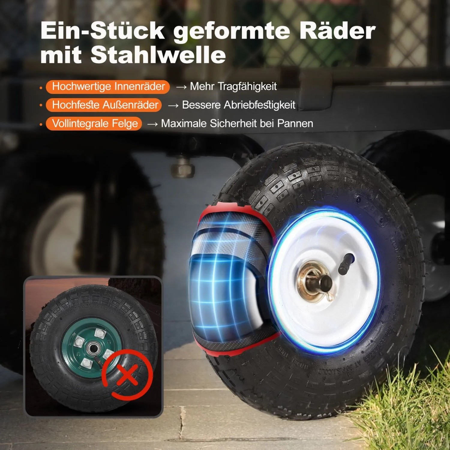 Robustes Vollgummi-Luftrad für Sekey Gartenwagen. Stahlwelle, hohe Tragkraft 550 kg, pannensicher.