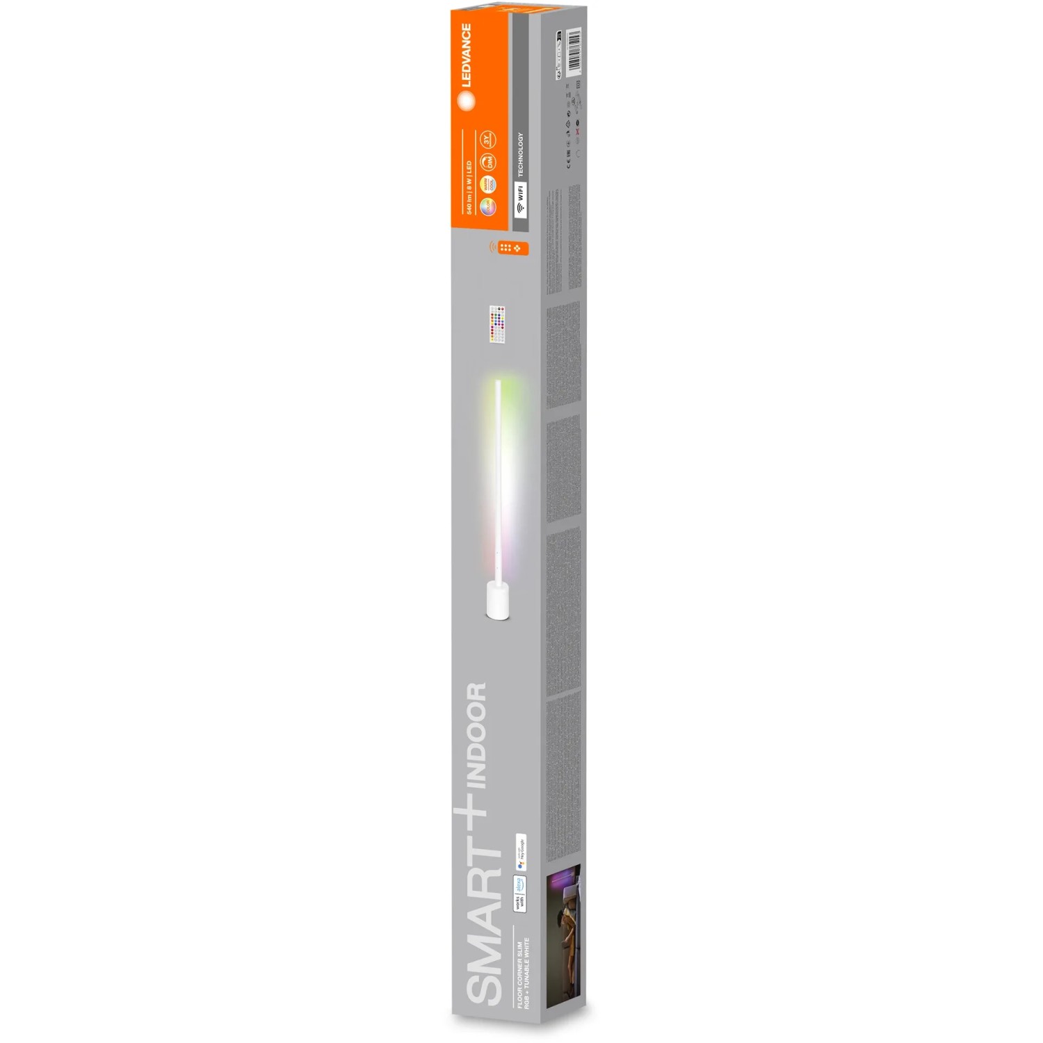Verpackung der Ledvance Smart+ WiFi Stehleuchte Slim, 80 cm, Weiß. Smarte Leuchte für indirekte Beleuchtung.