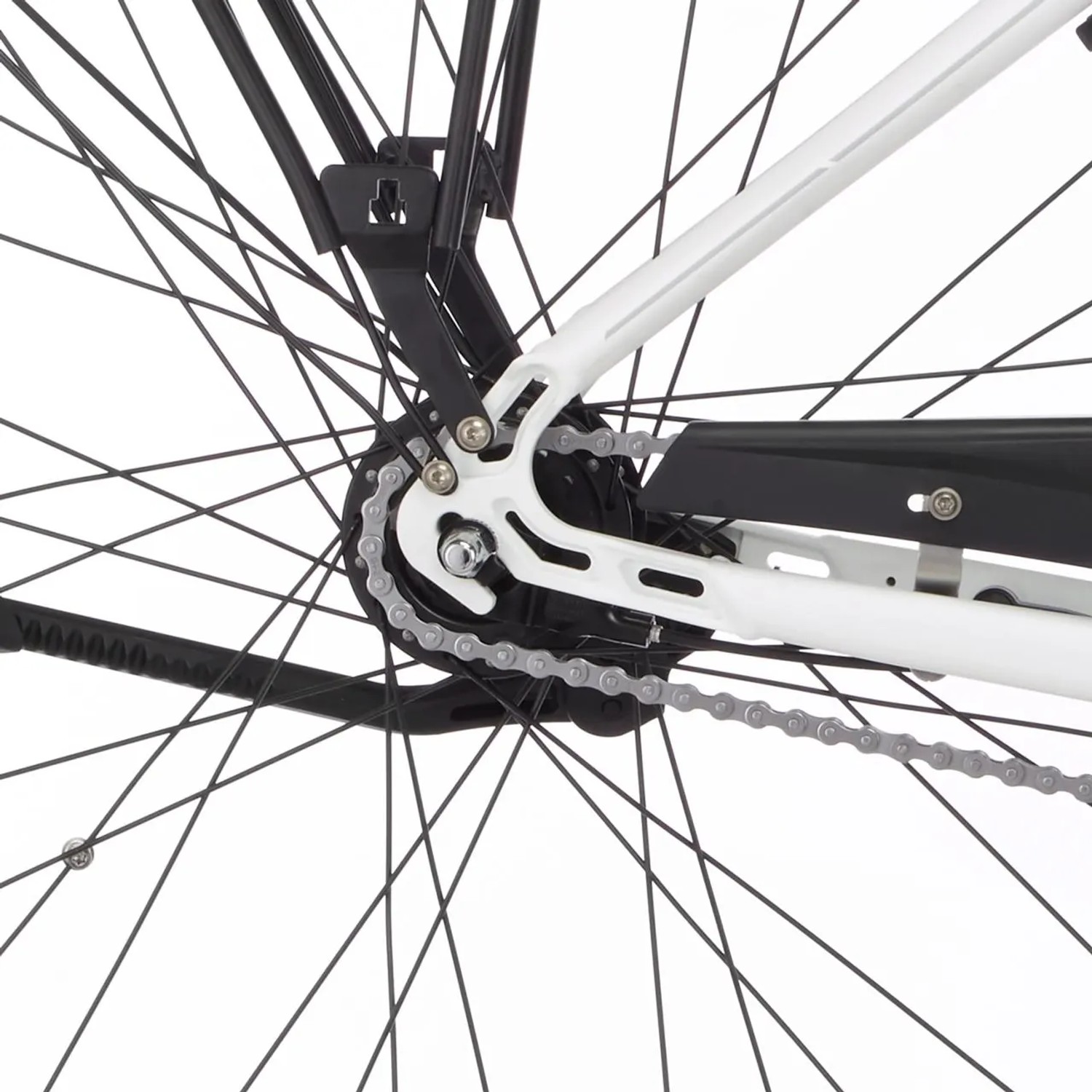 Detailaufnahme Hinterrad, Gepäckträger und Kette des weißen Fischer Cita 3.1i E-Bikes.