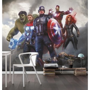 Bunte Marvel Avengers Fototapete von Komar mit Hulk, Thor, Captain America, Iron Man und Black Widow.
