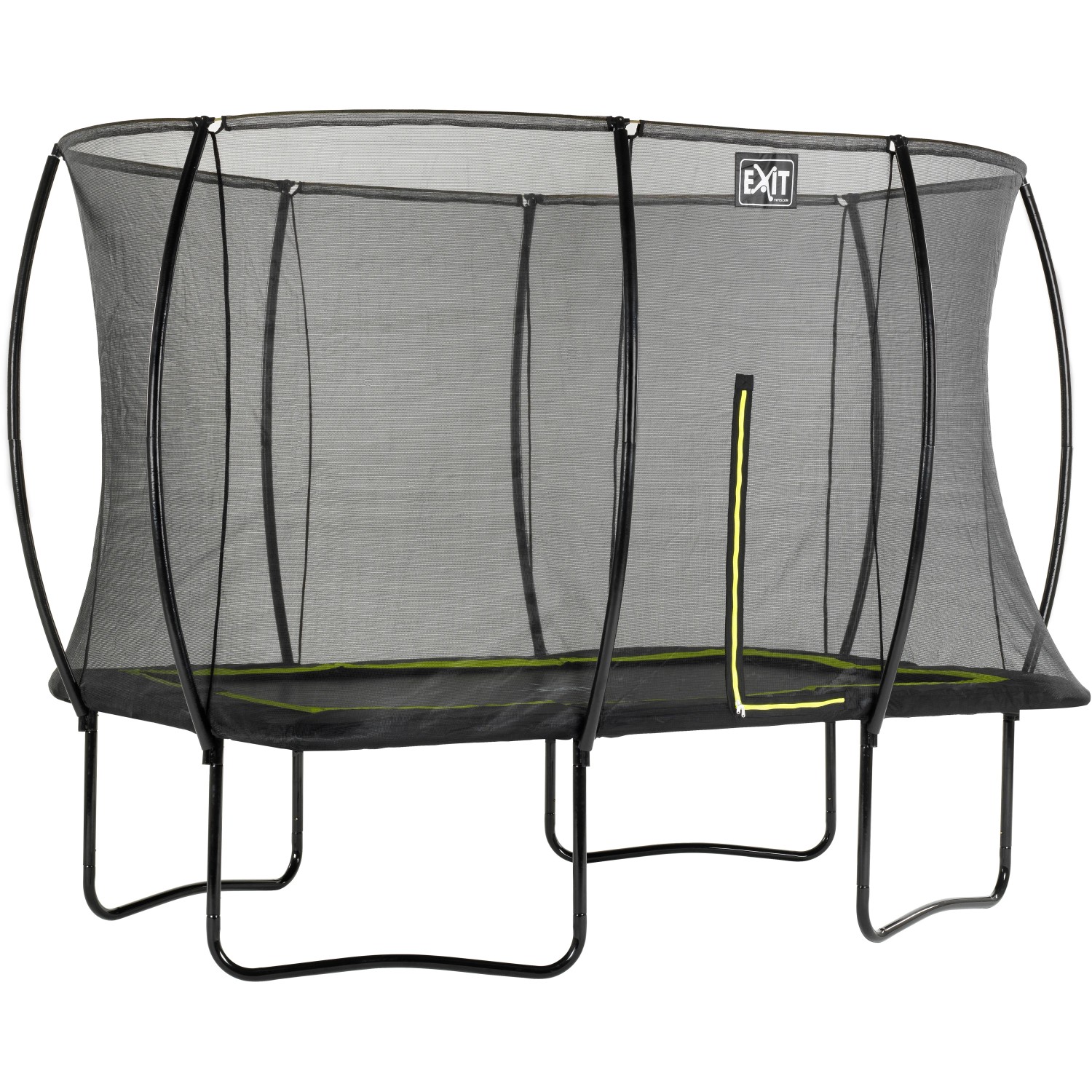 Schwarzes EXIT Silhouette Gartentrampolin, rechteckig mit Sicherheitsnetz.