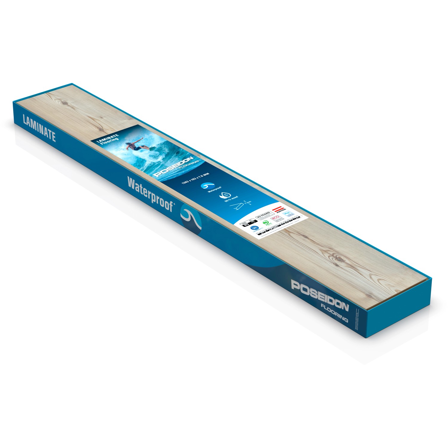 Paket Kaindl Poseidon Laminat Bali Oak, wasserfest, 7 mm stark. Holzoptik für Wohn- und Gewerberäume.