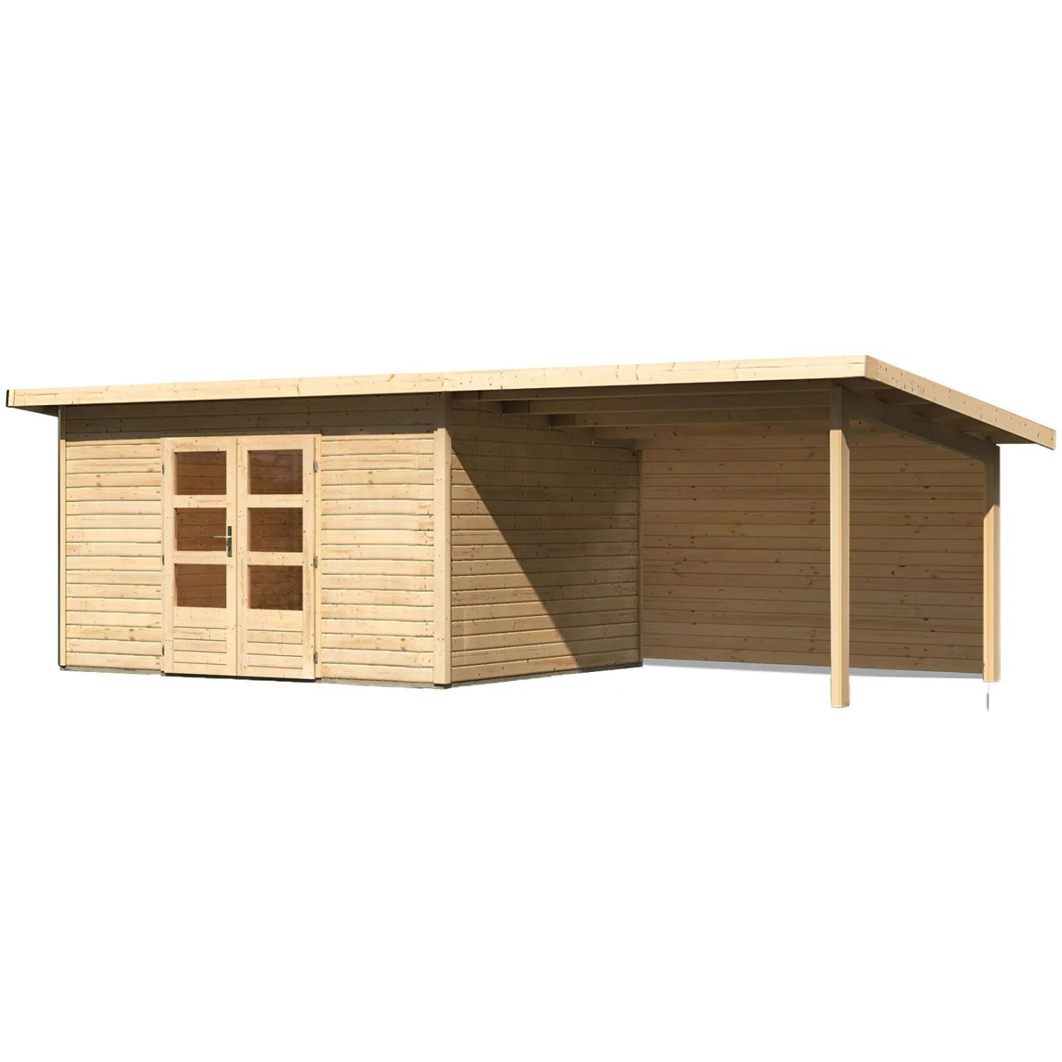 Karibu Holz-Gartenhaus Karlskoga 4 mit Pultdach, unbehandelt, mit Anbau.
