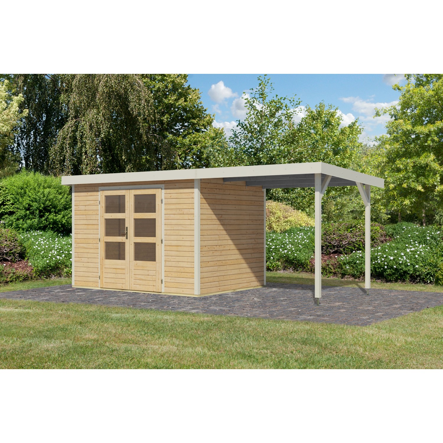 Karibu Gartenhaus Ernesto 4 A m. Anbaudach Naturbelassen/Weiß 209 x 298 x 2 günstig online kaufen