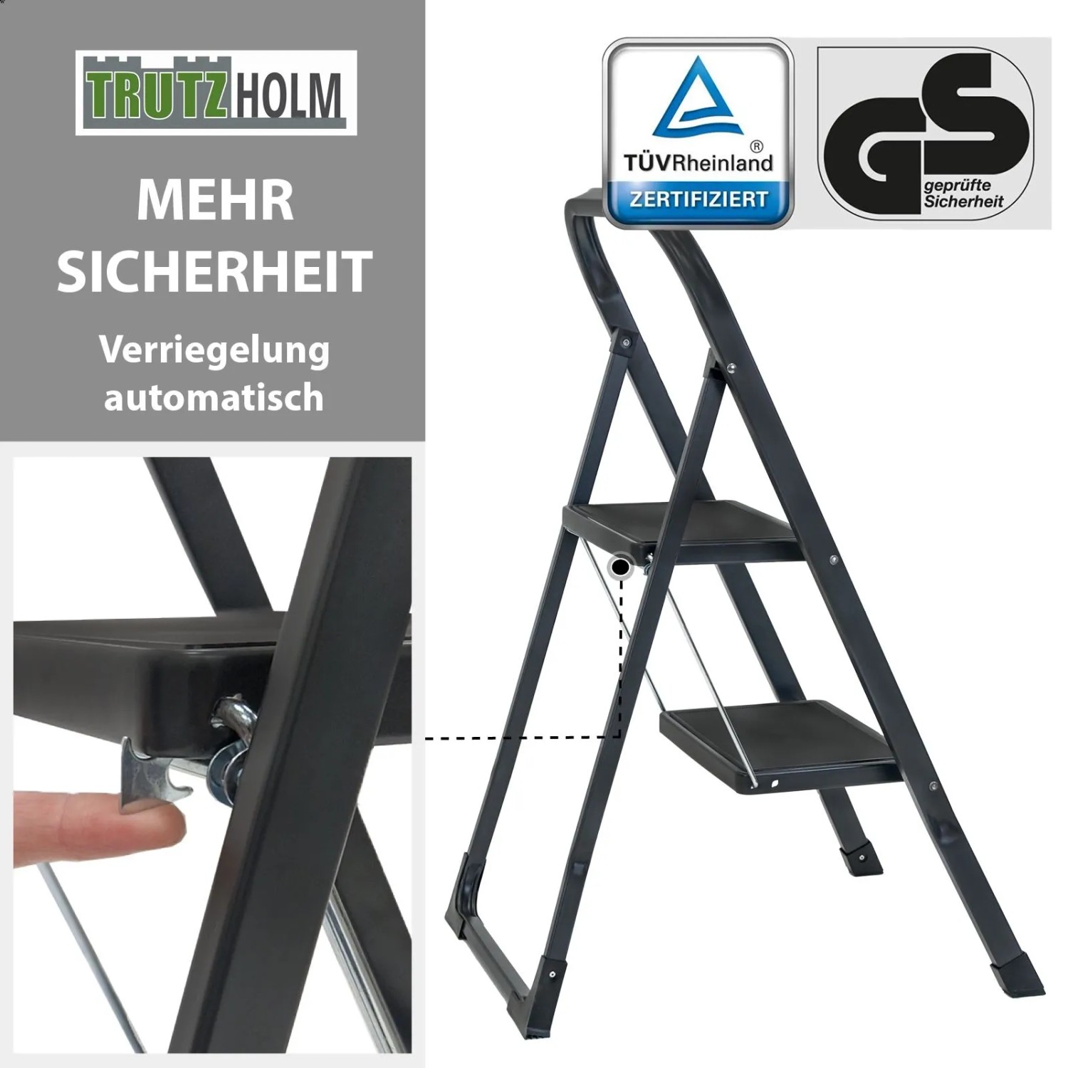 TRUTZHOLM Trittleiter, 2 Stufen, klappbar, anthrazit. Anti-Rutsch-Trittflächen, automatische Sicherheitsverriegelung. TÜV/GS.