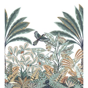 Erismann Fototapete Tropical Dream, 250x280cm, Grün mit tropischen Blättern und Vogel.