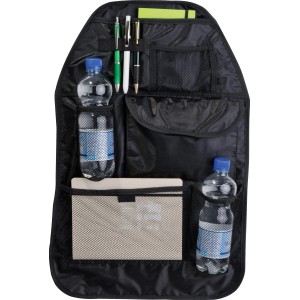 Schwarze OBI Rücksitztasche mit Fächern für Flaschen, Stifte und Hefte. Praktische Innenausstattung fürs Auto.