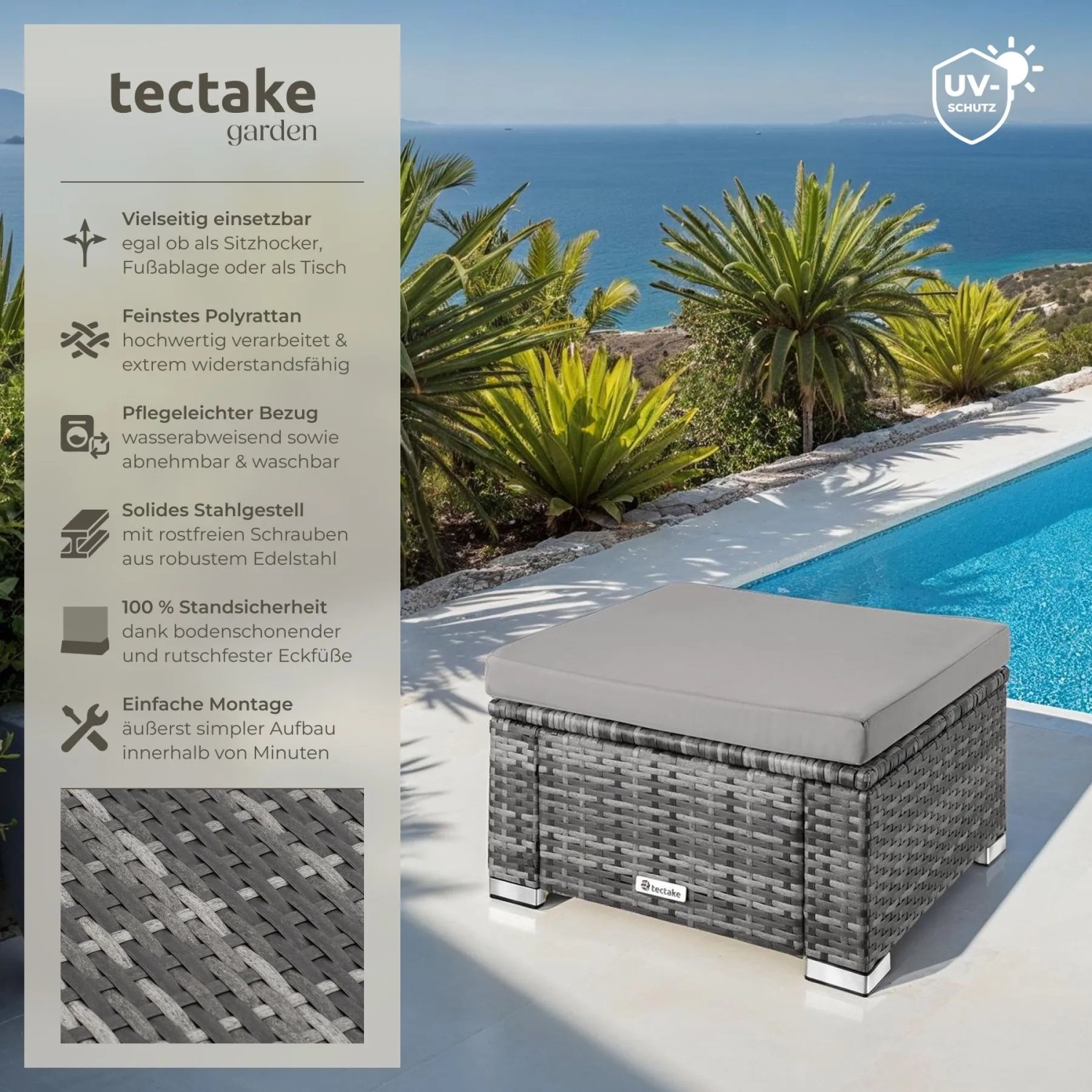 Grauer Tectake Rattan Sitzhocker Bitonto aus Polyrattan mit Kissen am Pool. UV-beständiger Fußhocker für Gartenstühle.