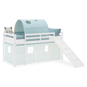 Weißes Kinder Hochbett 90x200 mit Rutsche, grünem Tunnel und Vorhang. Perfekt als Abenteuerbett.