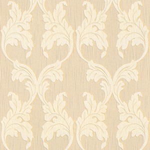 Elegante Vliestapete mit Rankenmuster in Creme-Beige. Blatt Ornamente für Schlafzimmer.