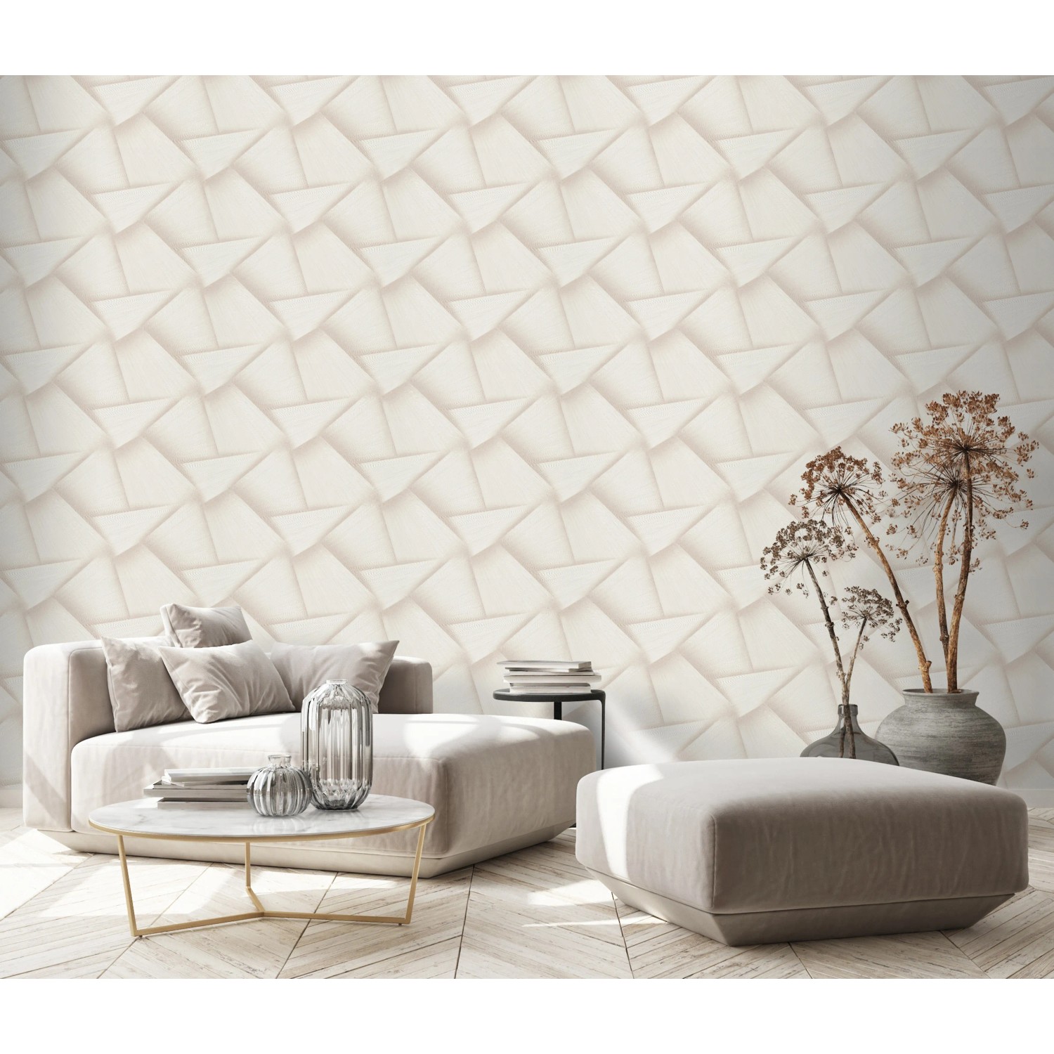 Erismann Vliestapete Spotlight Pose Creme mit 3D-Flechtmuster im Wohnraum.