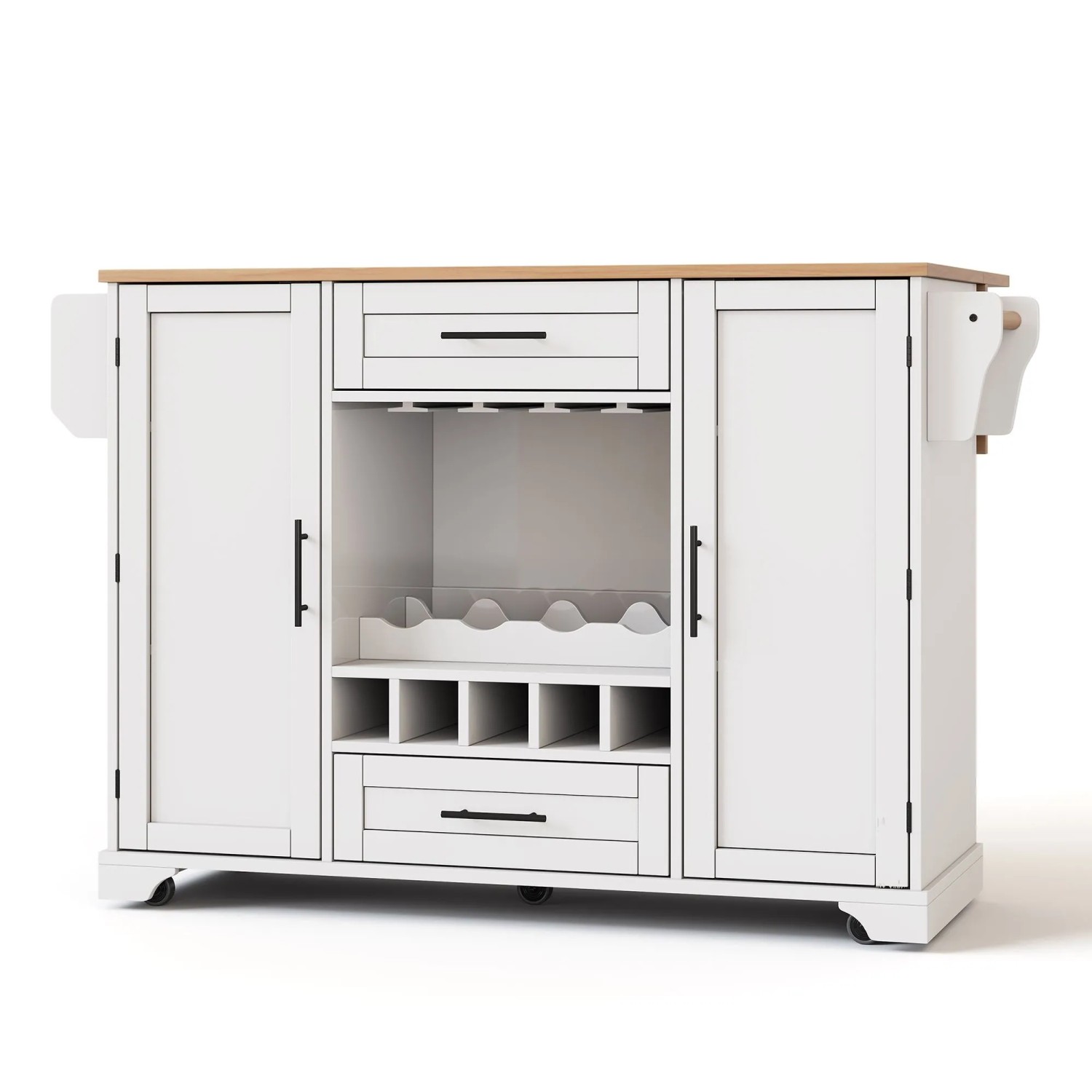 okwish Küchenwagen mit Klappbarer Arbeitsplatte Weinregal Glashalter Küche 120x45-70x92cm Weiß