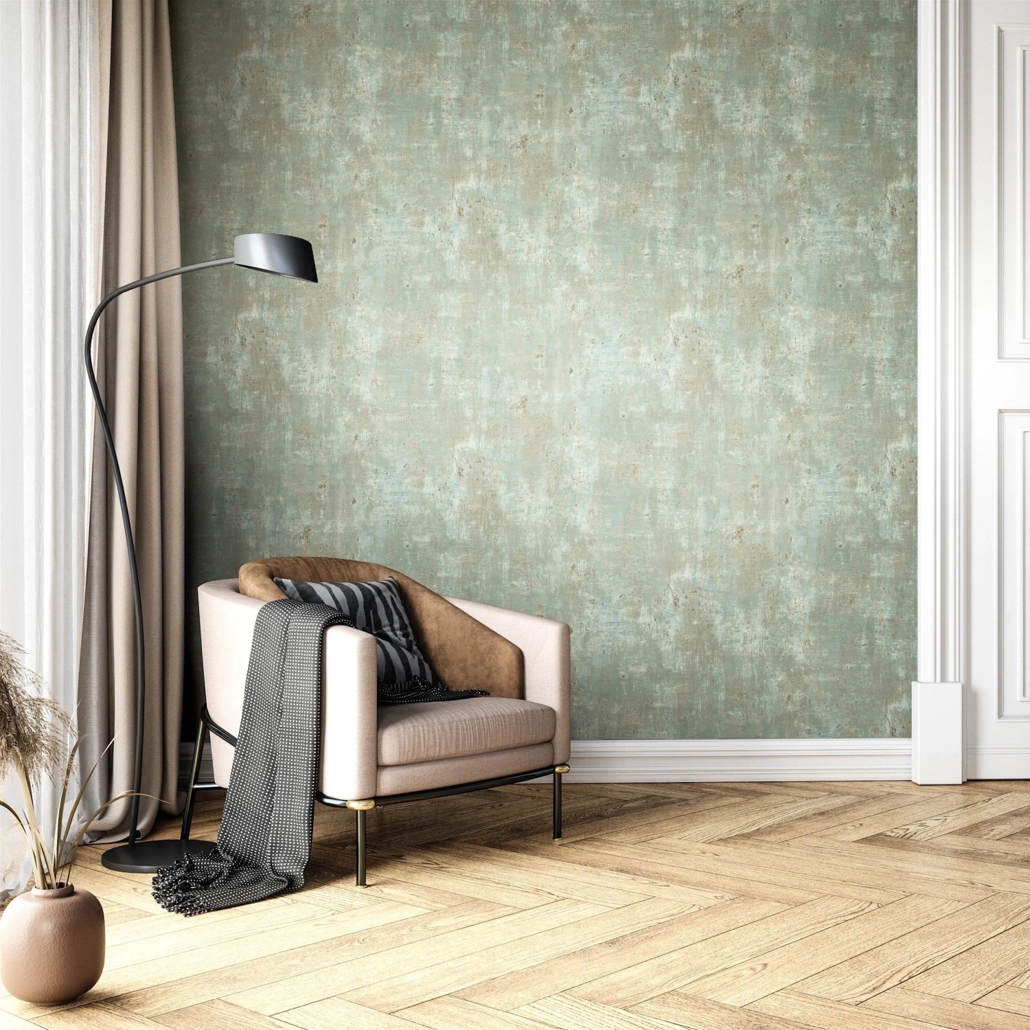 Grüne Vliestapete mit Putz- und Betonoptik, goldenen Akzenten. Modernes Design für Wohnzimmer oder Schlafzimmer.