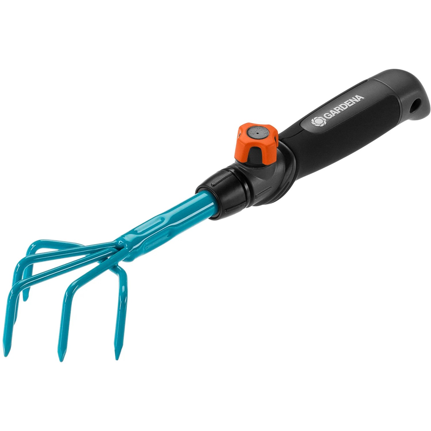 Gardena combisystem-Blumenkralle zum Lockern des Bodens mit blauem Metallschaft und schwarzem Griff.