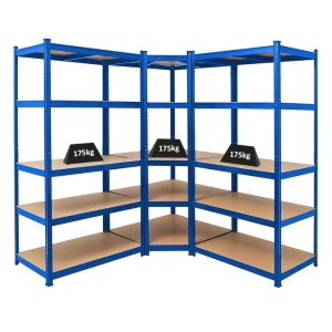 Blaues PROREGAL Eckregal & Schwerlastregal Set Taurus, 180x180x60 cm, Fachlast 175 kg, für Keller, Garage.