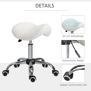 Weißer HOMCOM Drehstuhl, Rollhocker, Kosmetikhocker mit ergonomischem Sattelsitz, höhenverstellbar, Chromfuß, Rollen.
