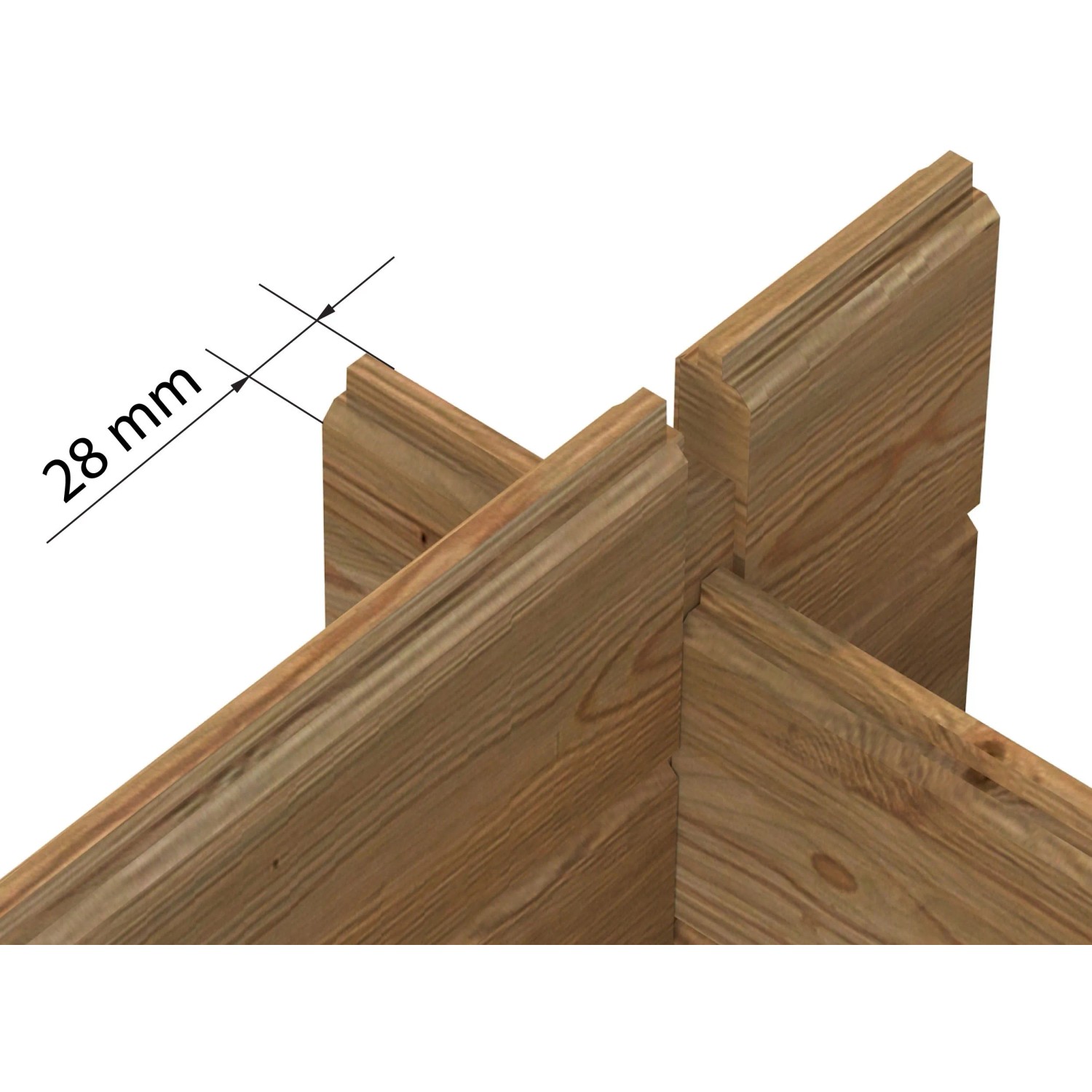 Detailaufnahme der Eckverbindung (28mm) des Palmako Gartenhauses Alice aus braunem, kesseldruckimprägniertem Holz.