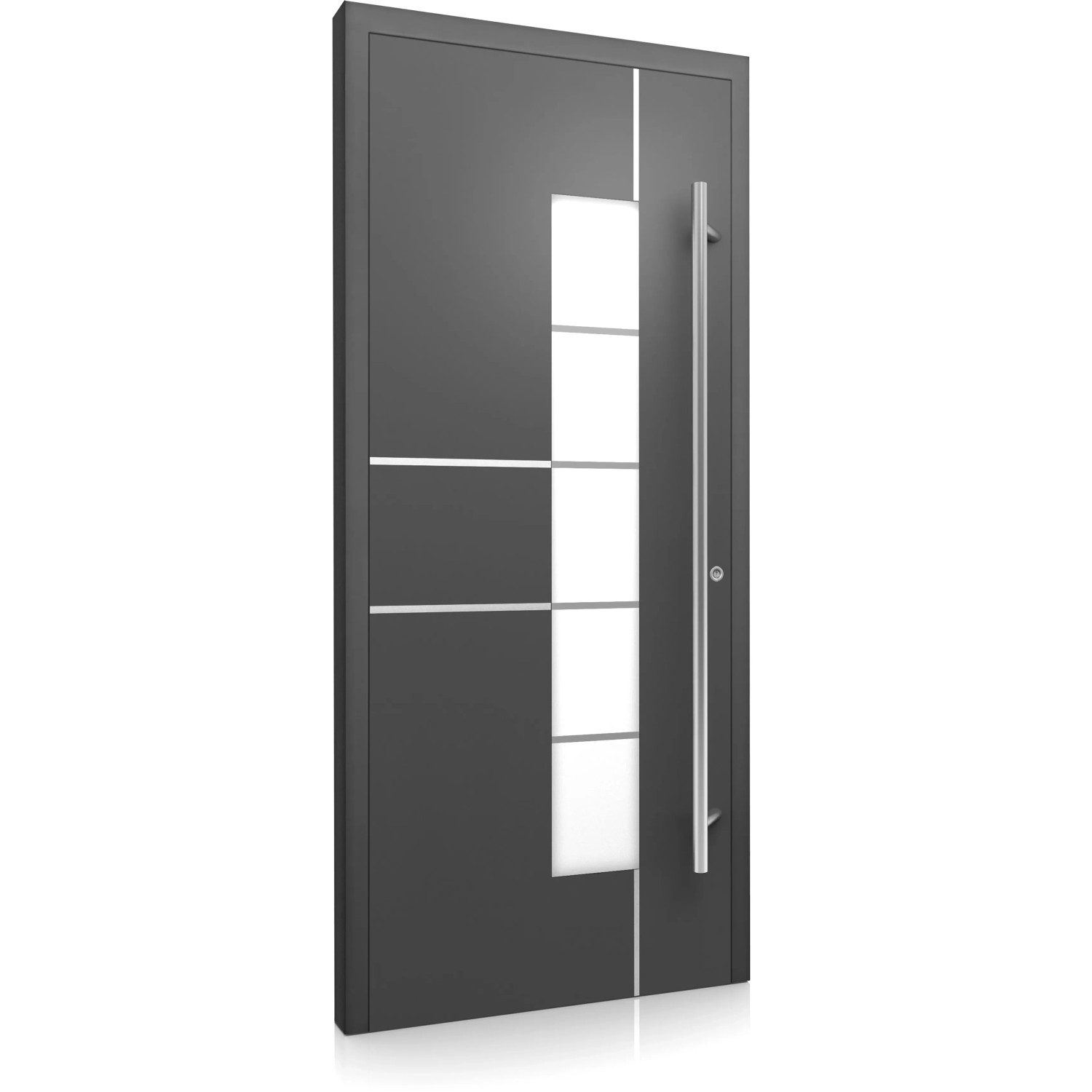 Moderne Aluminium Haustür Moderno M360/P in Anthrazit mit Edelstahlgriff und Glaseinsatz.