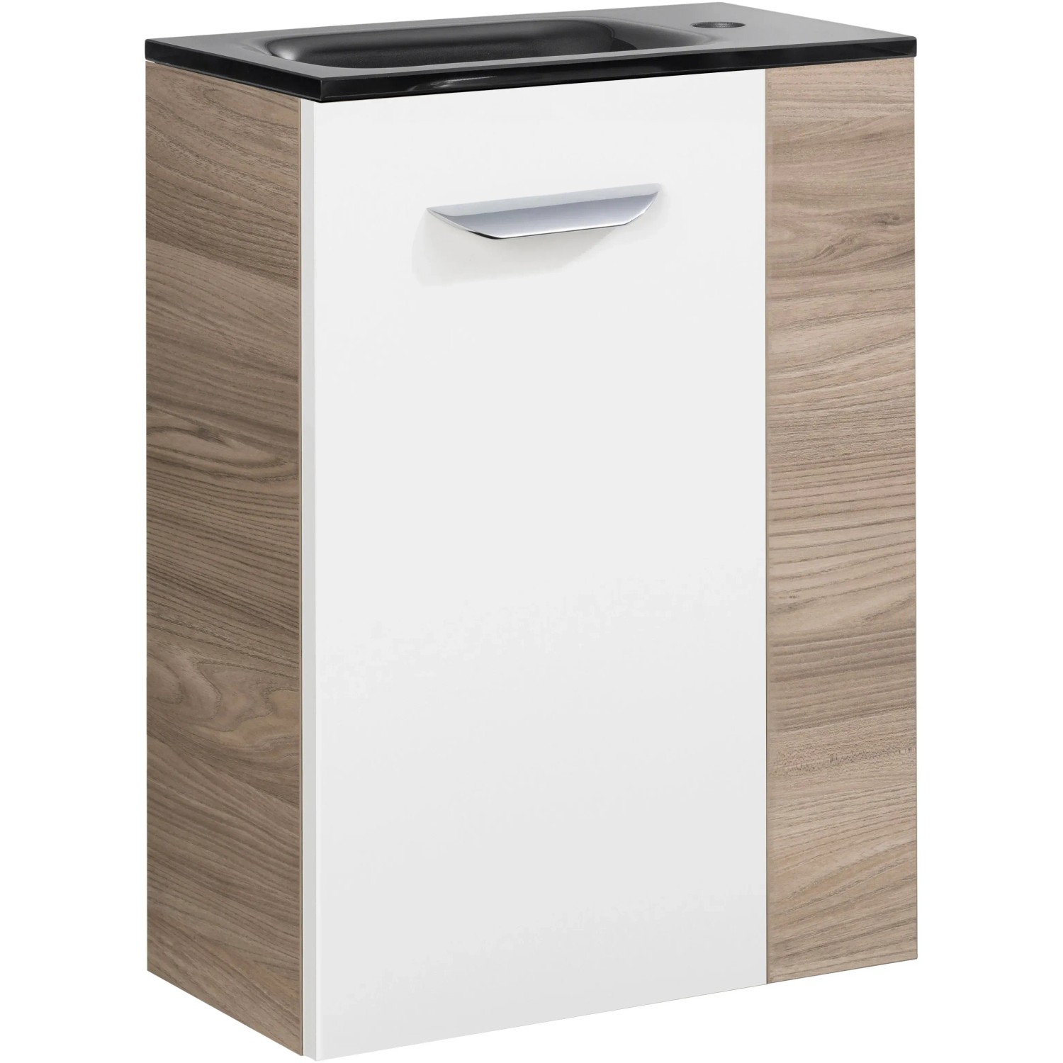 Fackelmann Waschbeckenunterschrank SBC Steinesche, 44 cm breit, mit weißer Front und schwarzem Waschbecken.