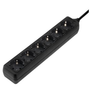 Schwarze Hama Steckdosenleiste mit 6 um 45° gedrehten Steckdosen und 1,4 m Kabel.