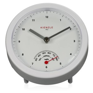 Weiße Kienzle Badezimmeruhr (Ø 14cm) mit Hygrometer und Standfuß. Ideal für Bad & WC.