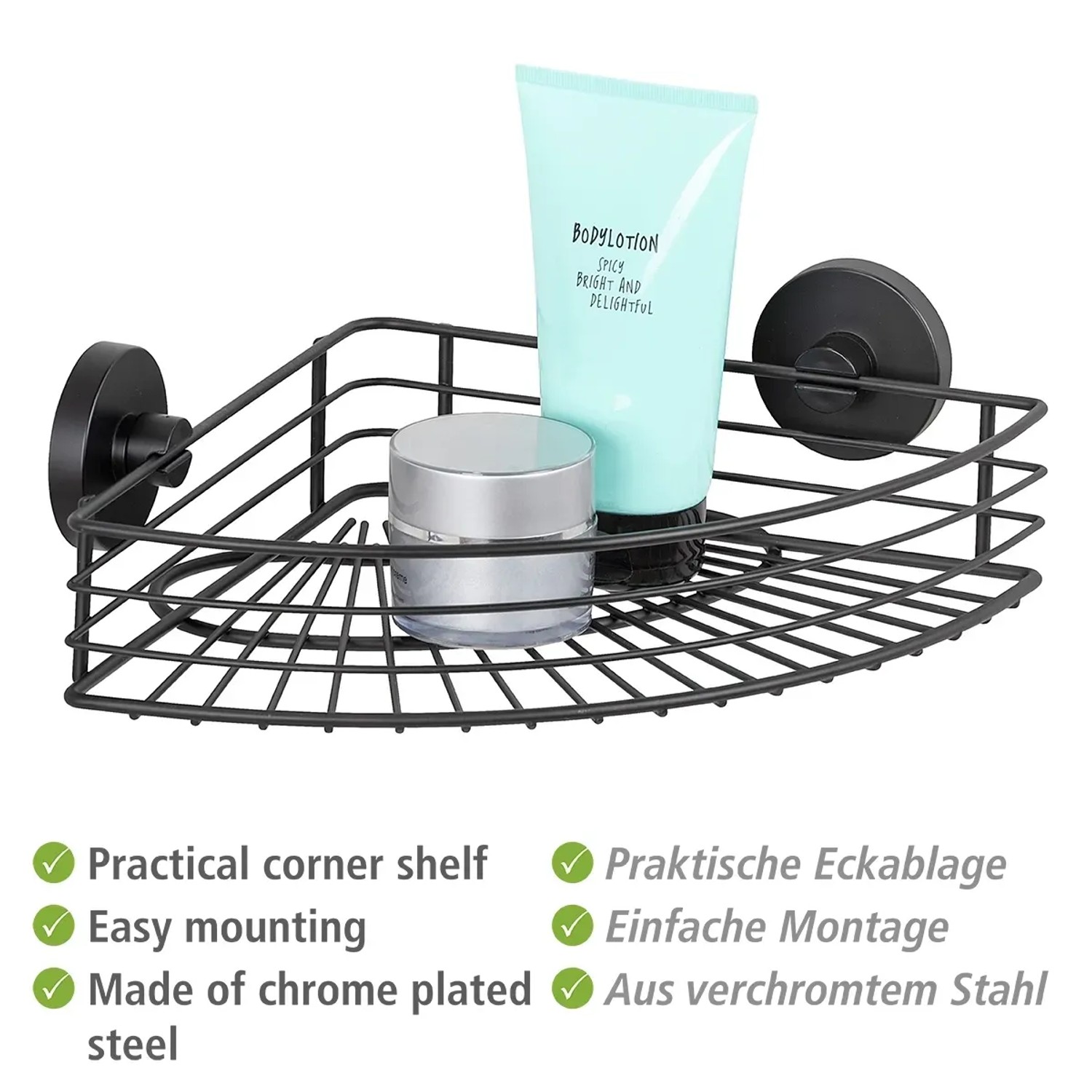 Schwarze Wenko Eckablage Bari Vacuum-Loc mit Badartikeln. Praktische Badablage zur Wandmontage ohne Bohren.