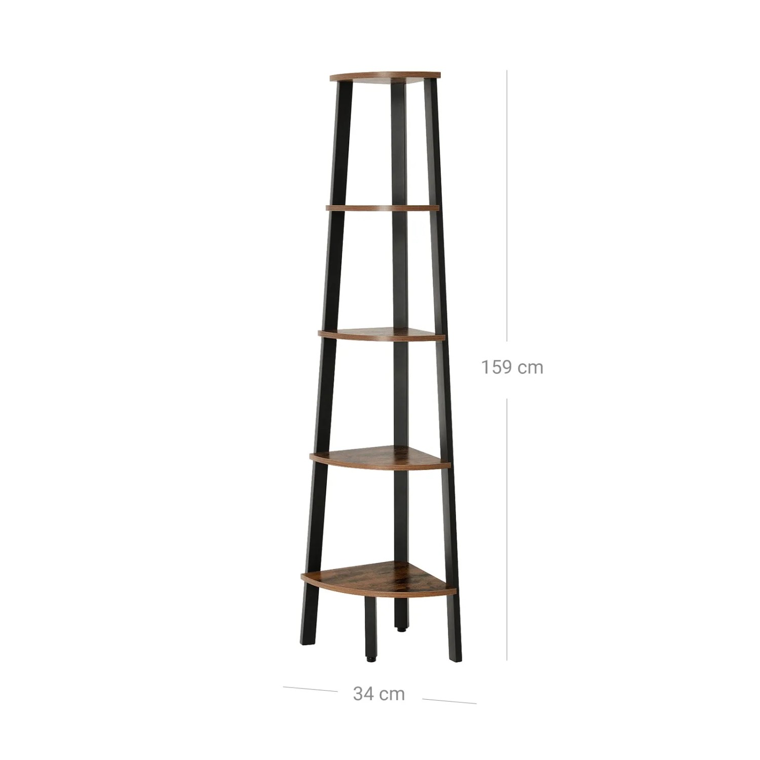 Eckregal mit 5 Ebenen in Braun-Schwarz, Stahlrahmen, 159cm hoch. Ideal für Wohnzimmer, Arbeitszimmer oder Schlafzimmer.