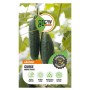 GROW by OBI Gurke Marketmore Samenpackung mit Gurken im Hintergrund.
