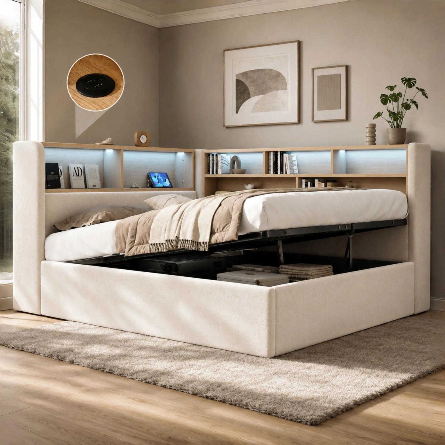 Merax Daybett 140 x 200 cm mit Stauraum LED USB Rückenlehne Samt Beige