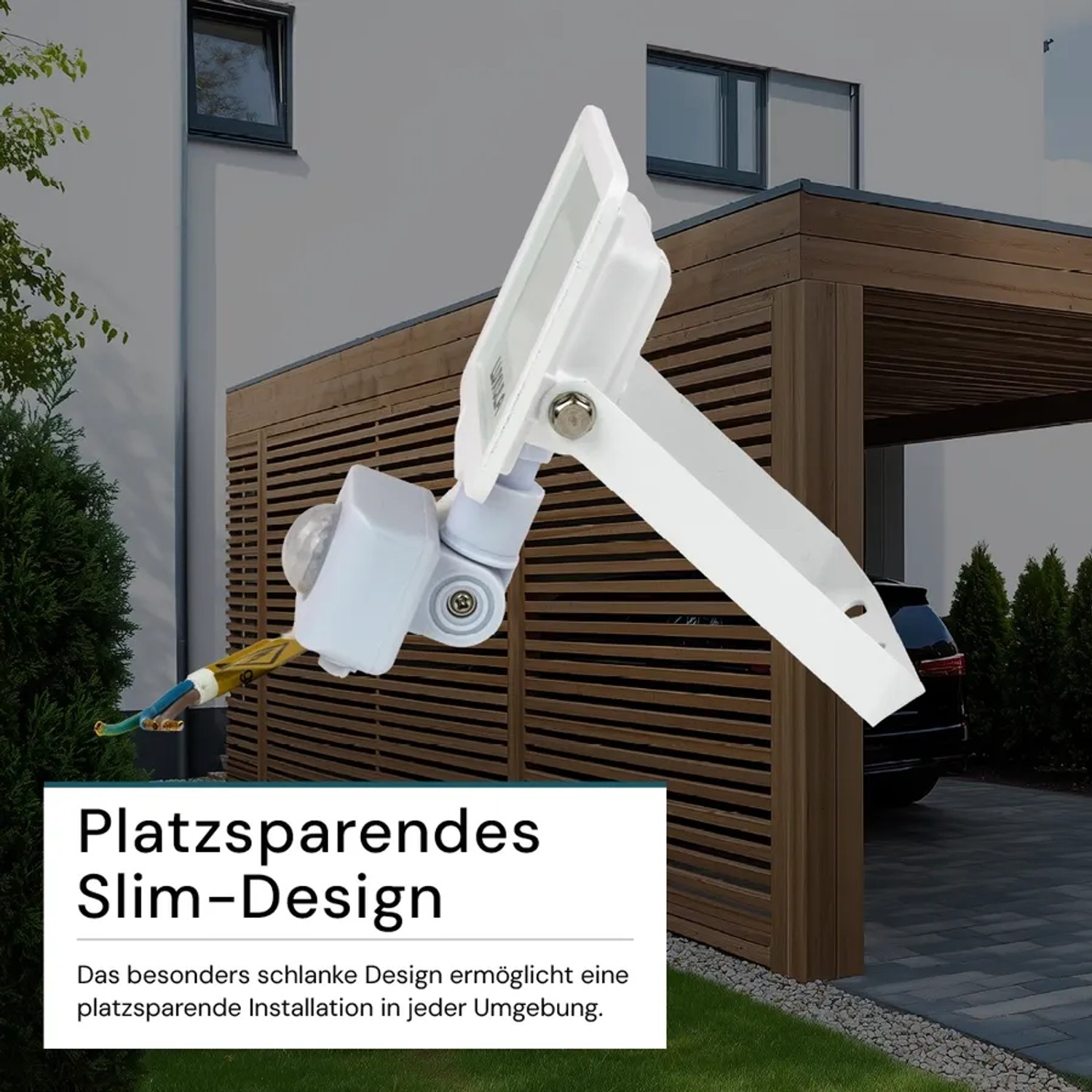 Weißer LUXULA LED Strahler 10W mit Bewegungsmelder für den Außenbereich, Detailansicht.