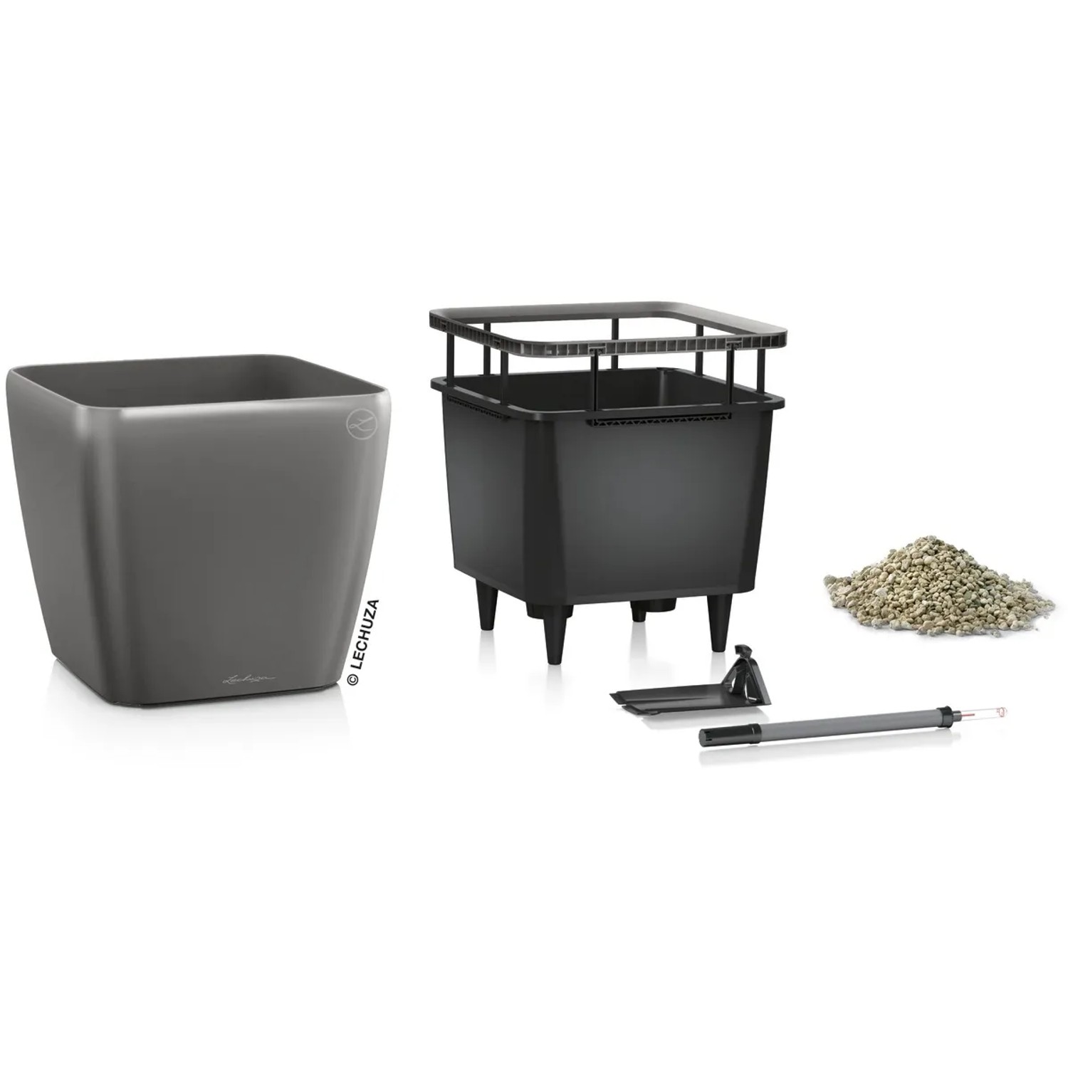 Lechuza Quadro Premium LS Pflanzgefäß, 35 cm, anthrazit metallic, mit Zubehör und Bewässerungssystem.