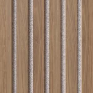 Denpanels Akustikpaneel mit braunem Kern und grauem Filz, Walnuss-Optik.