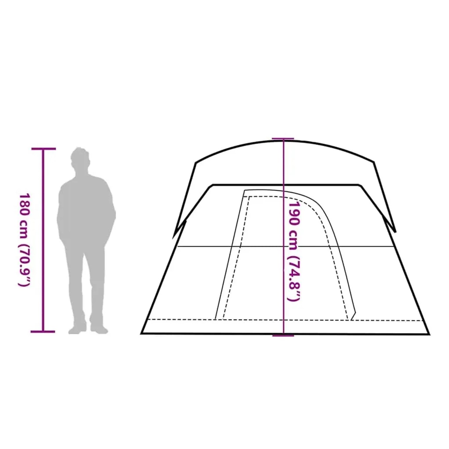 vidaXL Campingzelt 4 Personen: Maße im Vergleich. Zelt 190 cm hoch, Person 180 cm.