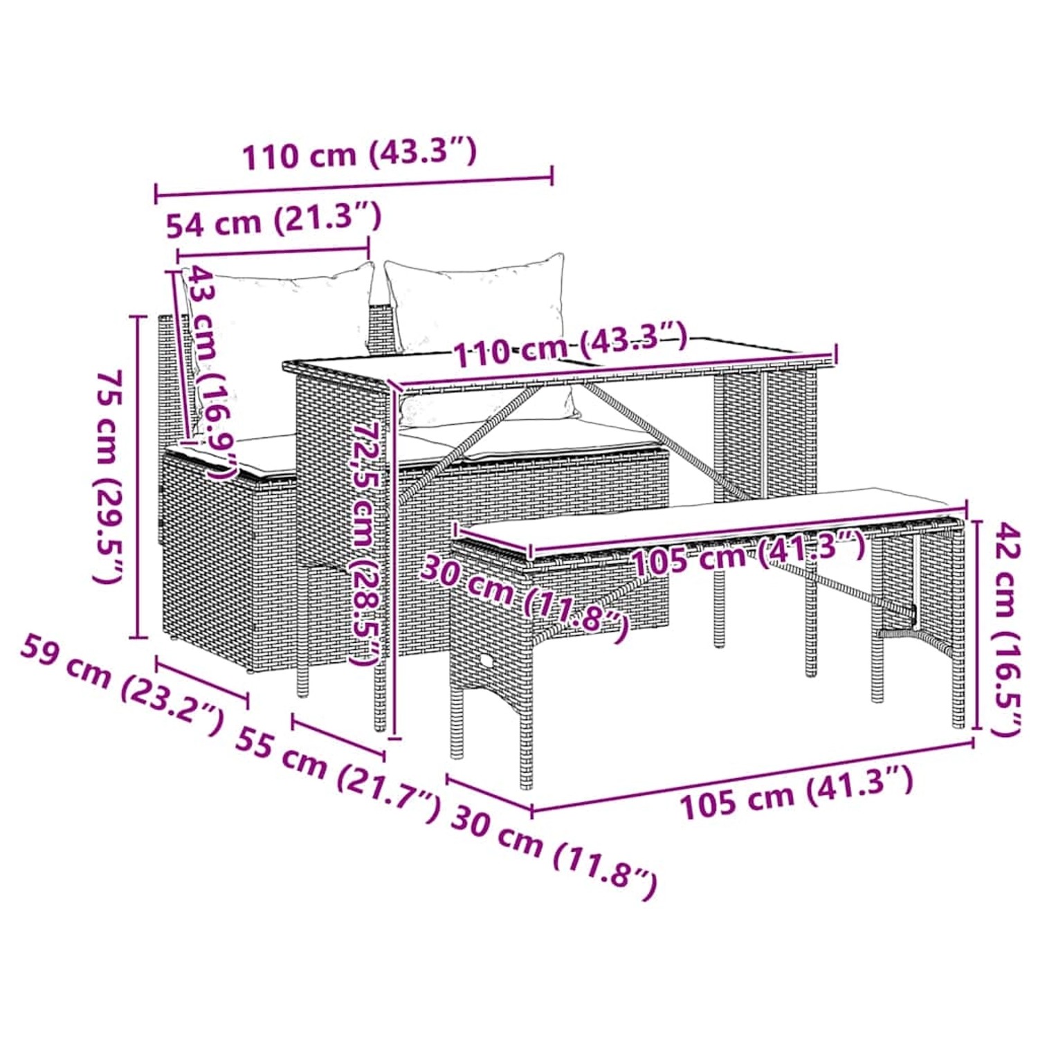 vidaXL 3-tlg. Garten-Essgruppe aus Rattan, schwarz, mit Maßen. Ideal für Terrasse und Garten.