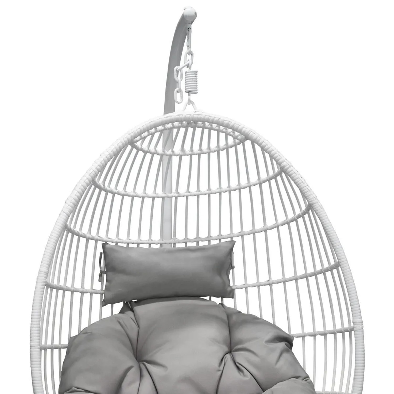 Detailansicht des weißen ebuy24 Viga Hänge-Gartenstuhls mit grauen Kissen.
