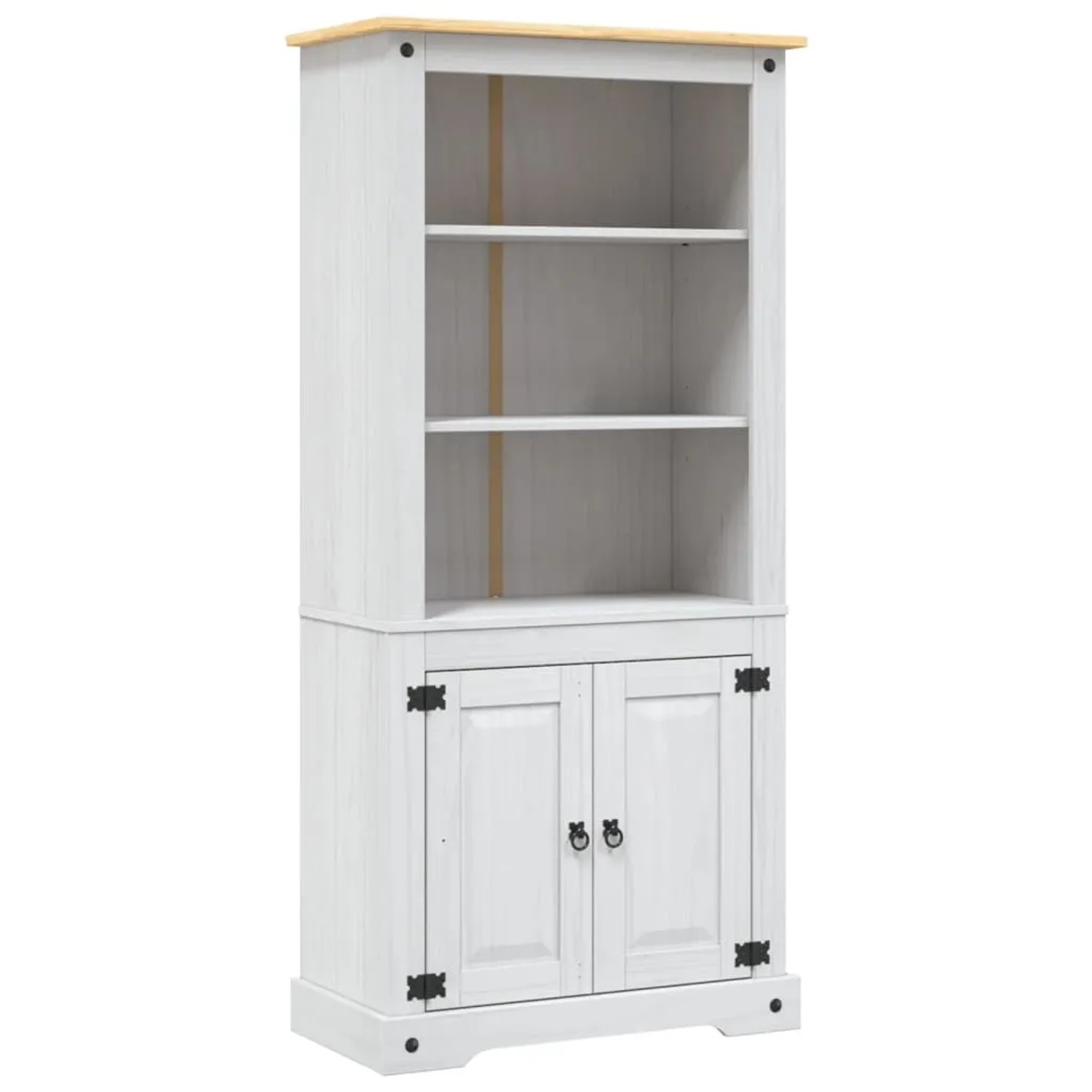 Weißer Buffetschrank im Mexiko-Stil aus Kiefernholz mit brauner Oberplatte, 80x40x170 cm.